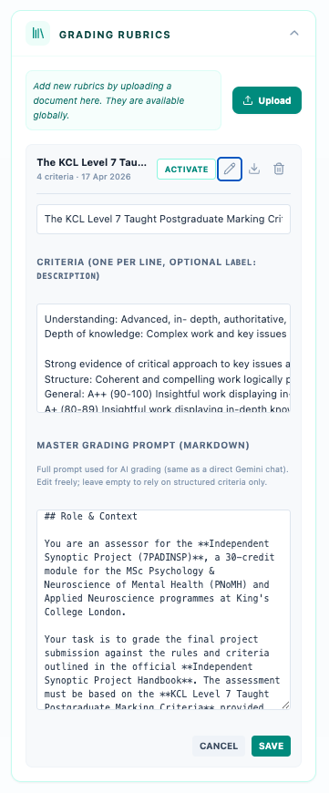 Grading rubrics panel with upload control and an expanded rubric card showing criteria and master grading prompt in Markdown.