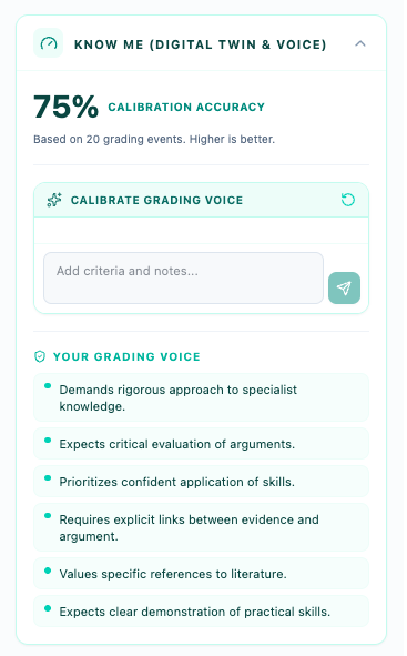 Know Me panel with calibration accuracy percentage and a list of grading voice traits in rounded chips.