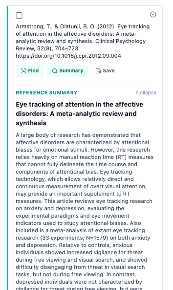 Single reference card with APA citation, Find Summary Save actions, and an expanded reference summary section.
