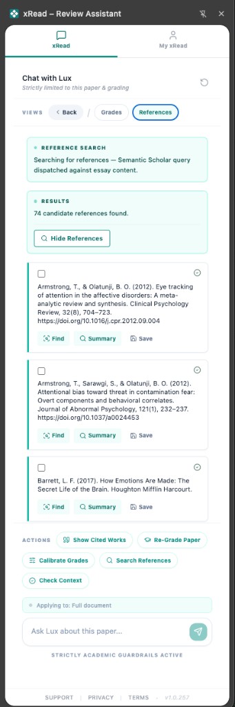 xRead Chrome extension: References view with Lux, Semantic Scholar search status, and a list of candidate references with Find, Summary, and Save actions.