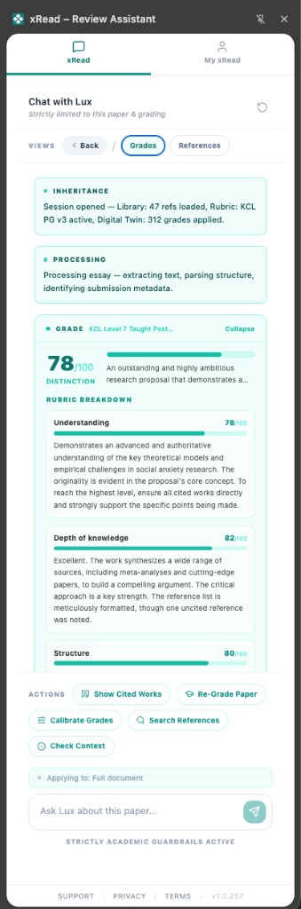 Grades view showing overall score, distinction band, and rubric criterion breakdown with progress bars.